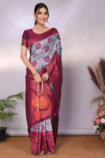 sky wine silk blend banarasi saree with unstitched blouse piece