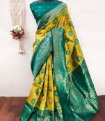 Lemon rama  soft silk blend banarasi jacuard work designer party wear saree with unstitched blouse piece