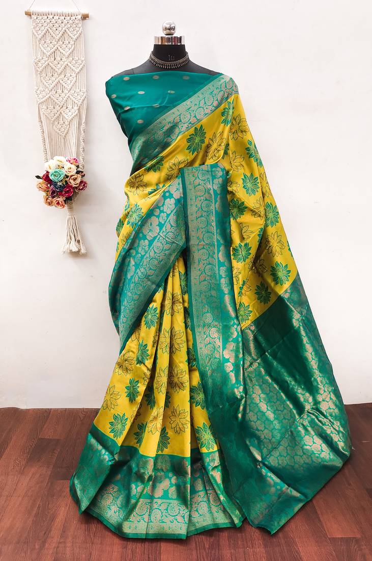 Lemon rama  soft silk blend banarasi jacuard work designer party wear saree with unstitched blouse piece