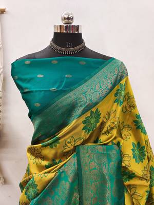 lemon rama silk blend banarasi saree with unstitched blouse piece 2