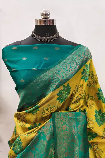 lemon rama silk blend banarasi saree with unstitched blouse piece