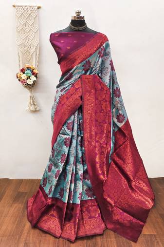 Sky wine soft silk blend banarasi jacuard work designer party wear saree with unstitched blouse piece