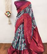 Sky wine soft silk blend banarasi jacuard work designer party wear saree with unstitched blouse piece
