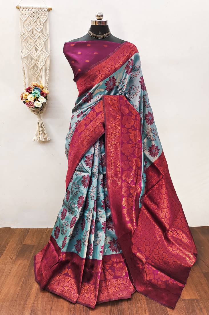 Sky wine soft silk blend banarasi jacuard work designer party wear saree with unstitched blouse piece