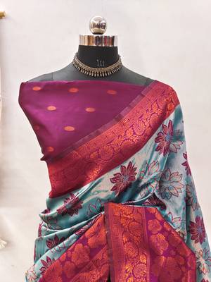 sky wine silk blend banarasi saree with unstitched blouse piece 2