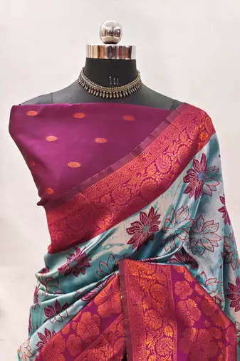 sky wine silk blend banarasi saree with unstitched blouse piece