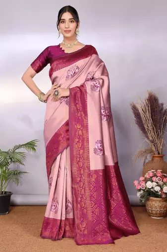 Peach wine soft silk blend banarasi jacuard work designer party wear saree with unstitched blouse piece