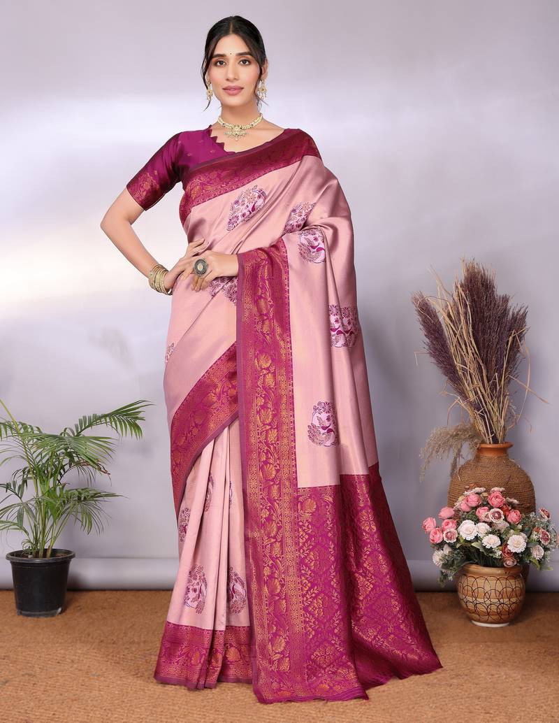 Peach wine soft silk blend banarasi jacuard work designer party wear saree with unstitched blouse piece