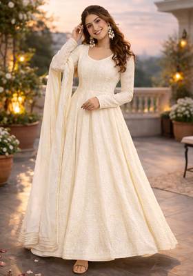 Classic off-white georgette heavy embroidered festive anarkali set 2
