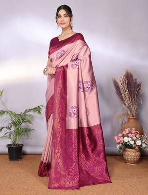 peach wine silk blend banarasi saree with unstitched blouse piece 2