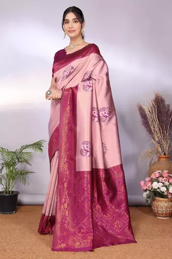 peach wine silk blend banarasi saree with unstitched blouse piece