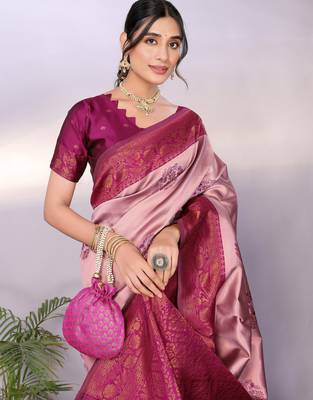 peach wine silk blend banarasi saree with unstitched blouse piece 3