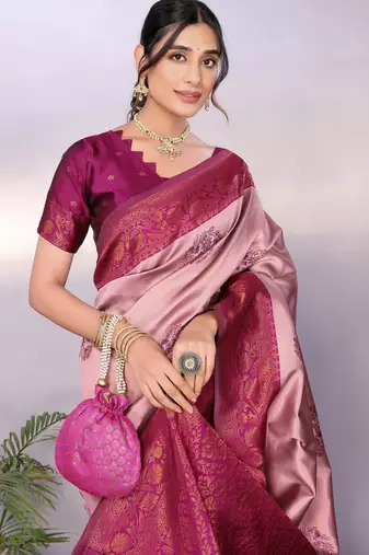 peach wine silk blend banarasi saree with unstitched blouse piece