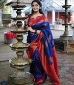 Neavy blue red soft silk blend banarasi jacuard work designer party wear saree with unstitched blouse piece