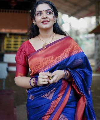 neavy blue red silk blend banarasi saree with unstitched blouse piece 1