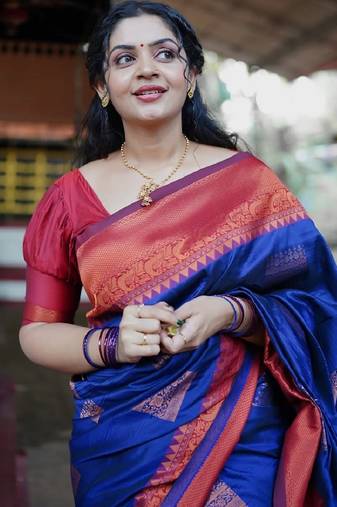 neavy blue red soft art silk blend banarasi jacuard work designer party wear saree with unstitched blouse piece