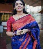 neavy blue red soft art silk blend banarasi jacuard work designer party wear saree with unstitched blouse piece