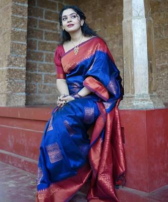 neavy blue red silk blend banarasi saree with unstitched blouse piece 4