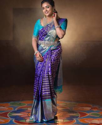 blue sky silk blend banarasi saree with unstitched blouse piece 2
