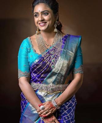 blue sky silk blend banarasi saree with unstitched blouse piece 1