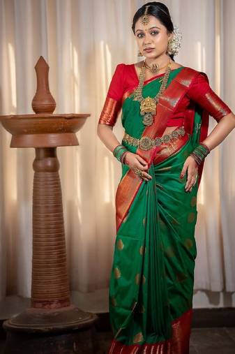 Green red soft silk blend banarasi jacuard work designer party wear saree with unstitched blouse piece