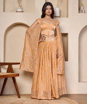 cream embroidered organza lehenga set with split sleeve dupatta 1