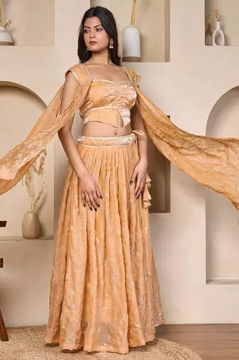 cream embroidered organza lehenga set with split sleeve dupatta