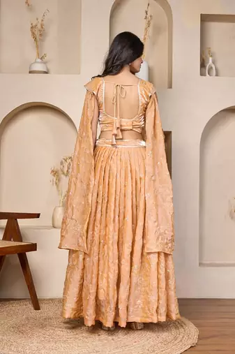 cream embroidered organza lehenga set with split sleeve dupatta