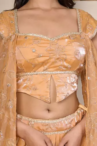 cream embroidered organza lehenga set with split sleeve dupatta