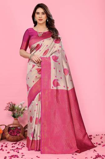Cream  pink soft silk blend banarasi jacuard work designer party wear saree with unstitched blouse piece