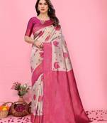 Cream  pink soft silk blend banarasi jacuard work designer party wear saree with unstitched blouse piece