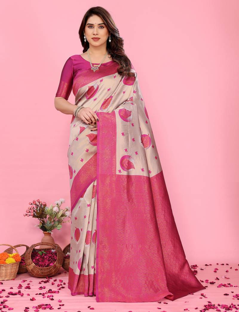 Cream  pink soft silk blend banarasi jacuard work designer party wear saree with unstitched blouse piece