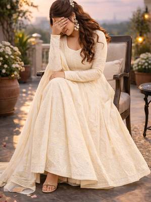 Classic off-white georgette heavy embroidered festive anarkali set 3