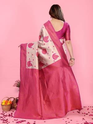 cream pink silk blend banarasi saree with unstitched blouse piece 2