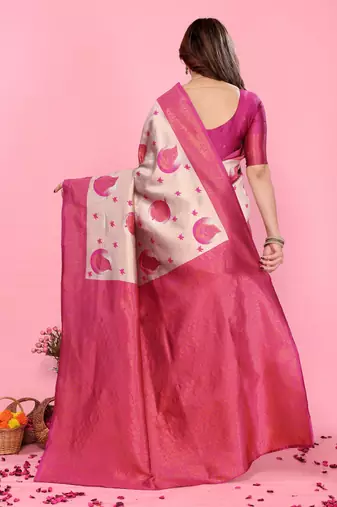 cream pink silk blend banarasi saree with unstitched blouse piece