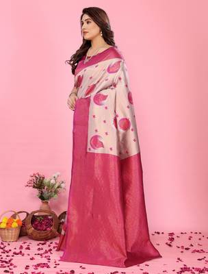 cream pink silk blend banarasi saree with unstitched blouse piece 3