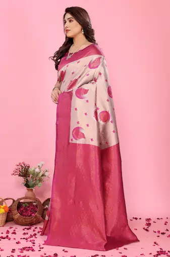 cream pink silk blend banarasi saree with unstitched blouse piece