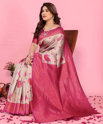 cream pink silk blend banarasi saree with unstitched blouse piece 4