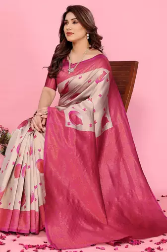 cream pink silk blend banarasi saree with unstitched blouse piece