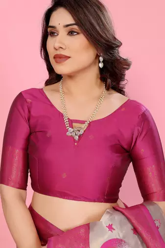 cream pink silk blend banarasi saree with unstitched blouse piece