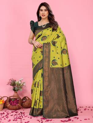 lemon green silk blend banarasi saree with unstitched blouse piece 1