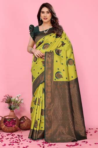 Lemon green  soft silk blend banarasi jacuard work designer party wear saree with unstitched blouse piece