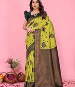 Lemon green  soft silk blend banarasi jacuard work designer party wear saree with unstitched blouse piece