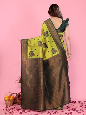 lemon green silk blend banarasi saree with unstitched blouse piece 2