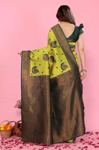 lemon green silk blend banarasi saree with unstitched blouse piece