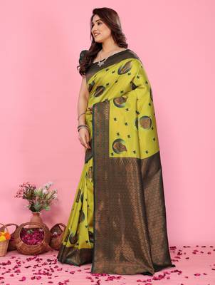 lemon green silk blend banarasi saree with unstitched blouse piece 3
