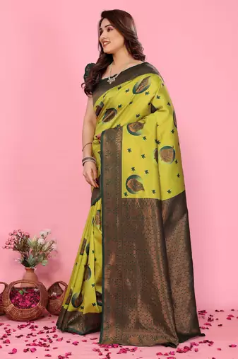 lemon green silk blend banarasi saree with unstitched blouse piece