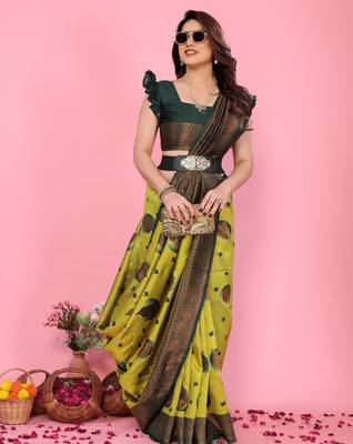 lemon green silk blend banarasi saree with unstitched blouse piece 4