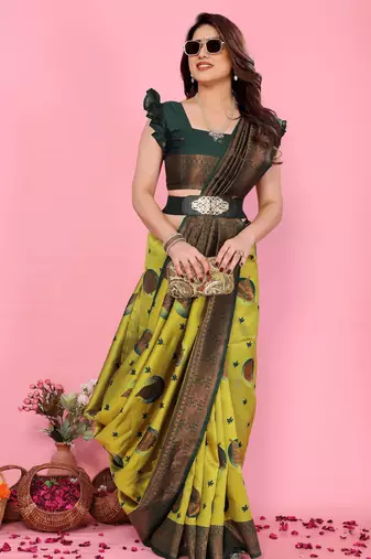 lemon green silk blend banarasi saree with unstitched blouse piece