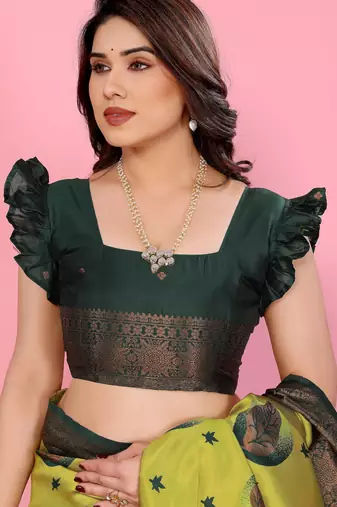 lemon green silk blend banarasi saree with unstitched blouse piece